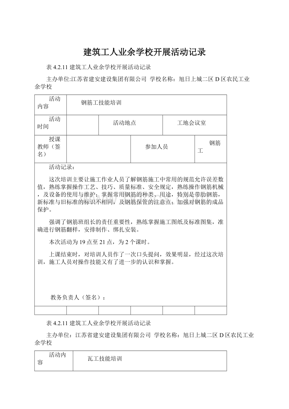 建筑工人业余学校开展活动记录Word下载.docx_第1页