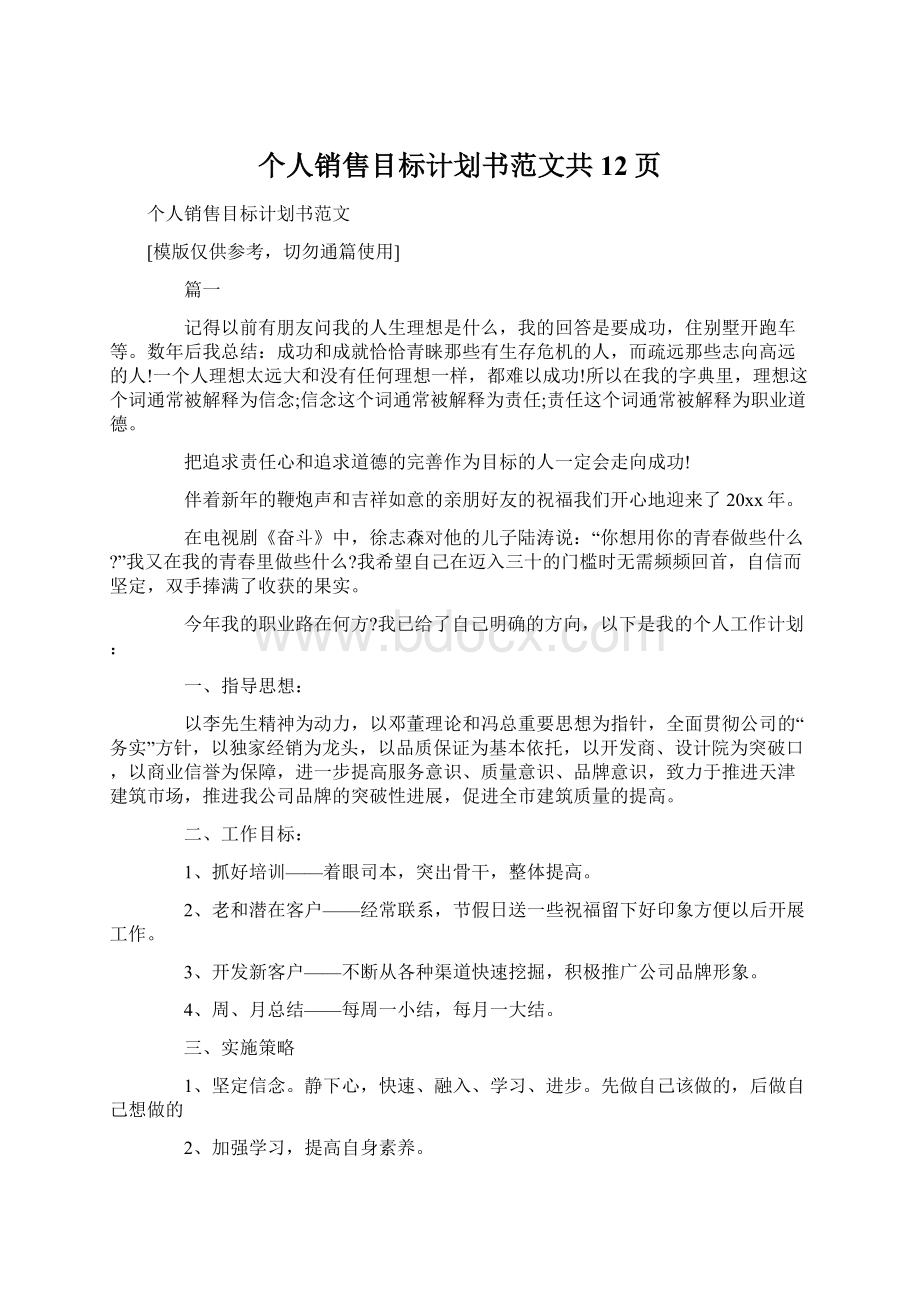 个人销售目标计划书范文共12页文档格式.docx