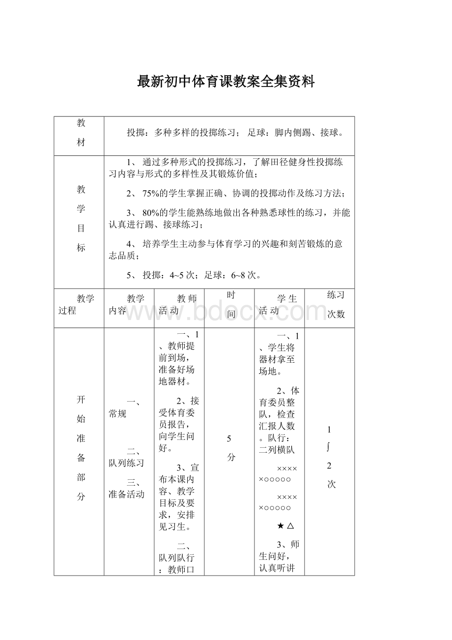 最新初中体育课教案全集资料.docx