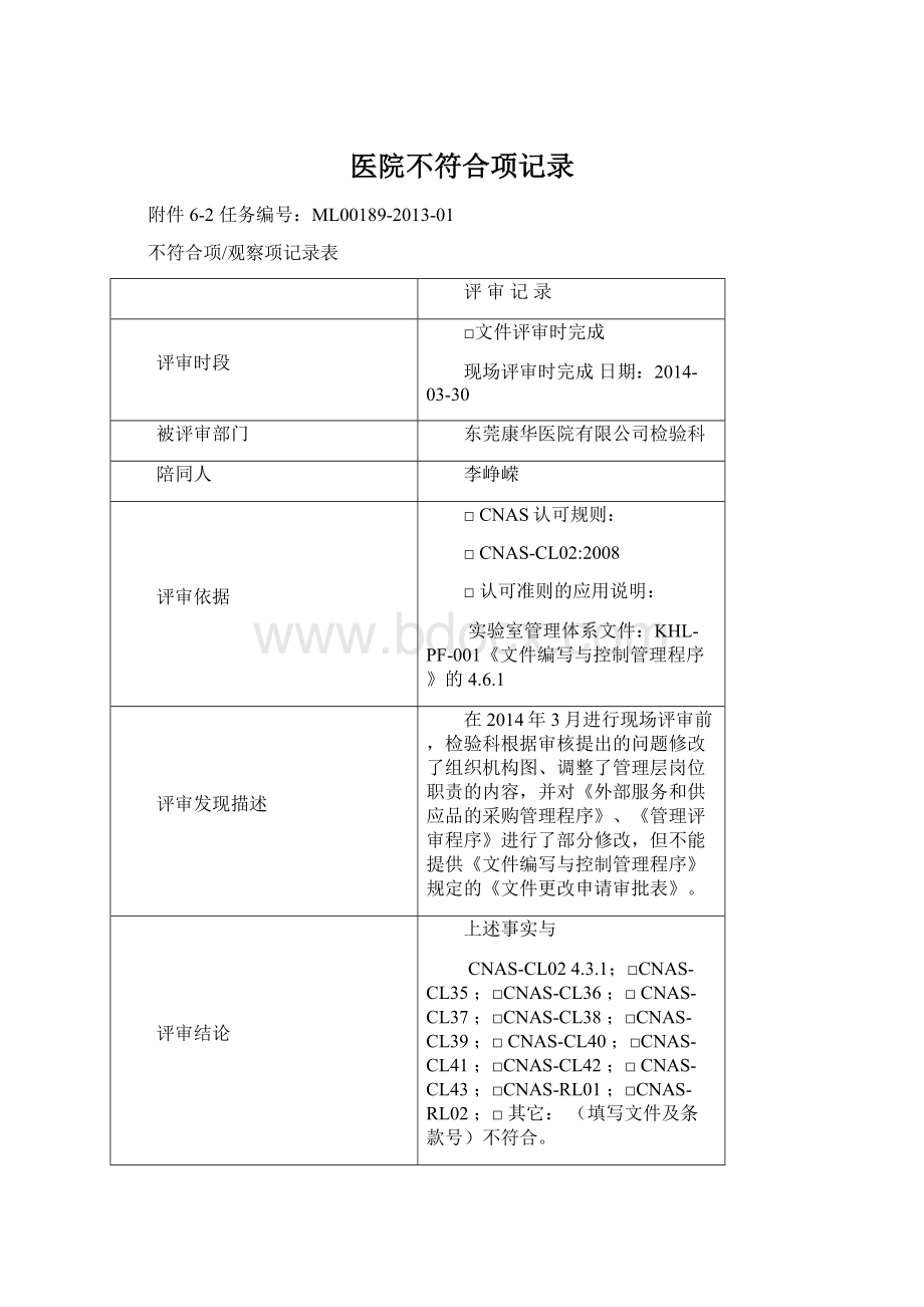 医院不符合项记录.docx_第1页