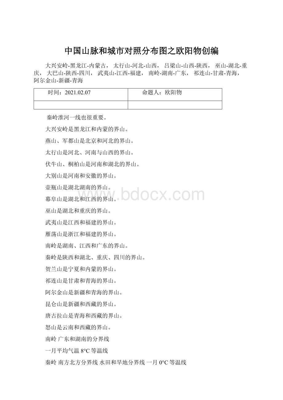 中国山脉和城市对照分布图之欧阳物创编.docx