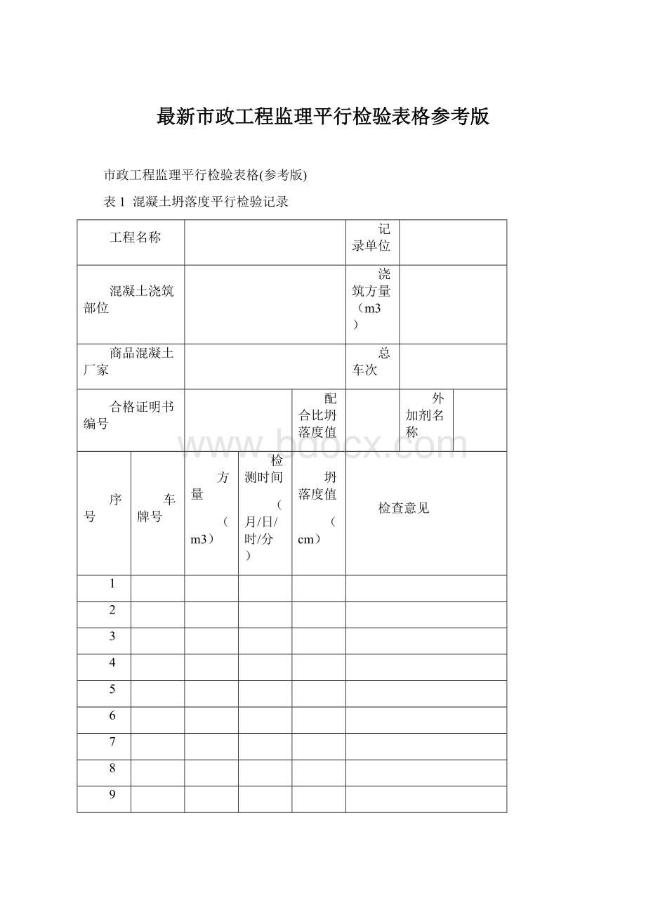 最新市政工程监理平行检验表格参考版Word文件下载.docx