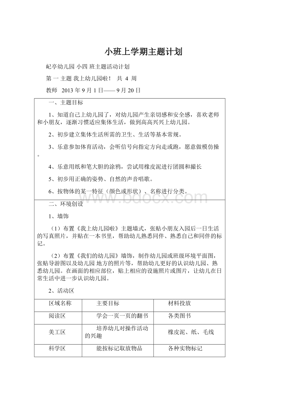 小班上学期主题计划Word格式文档下载.docx_第1页