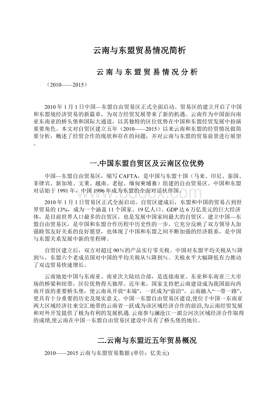 云南与东盟贸易情况简析Word格式文档下载.docx