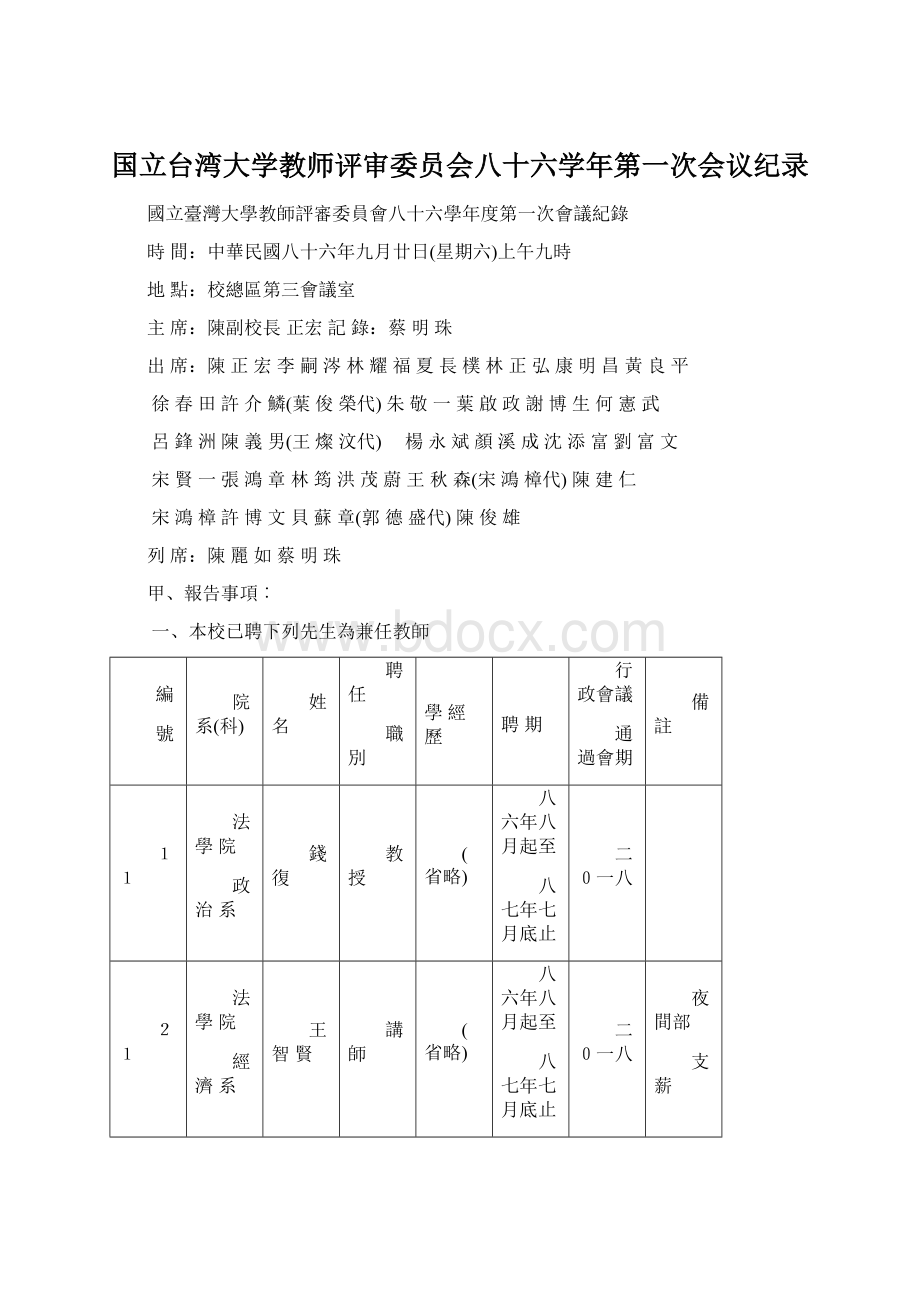 国立台湾大学教师评审委员会八十六学年第一次会议纪录Word文档格式.docx