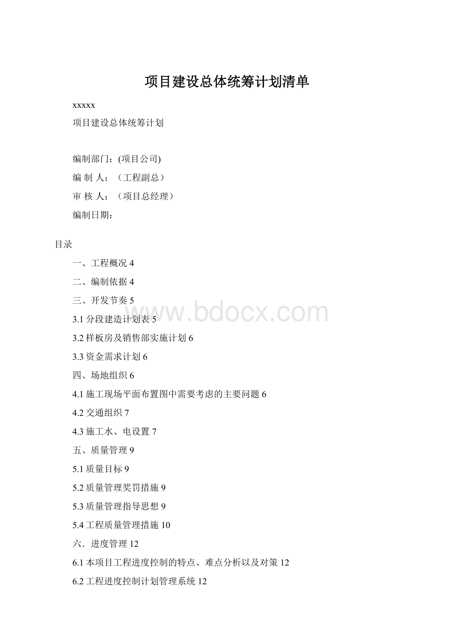 项目建设总体统筹计划清单Word文档格式.docx