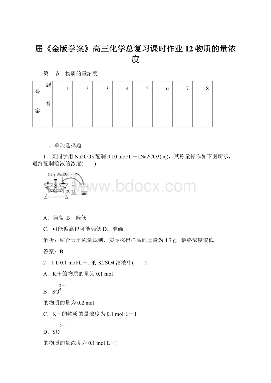 届《金版学案》高三化学总复习课时作业12物质的量浓度Word格式文档下载.docx_第1页