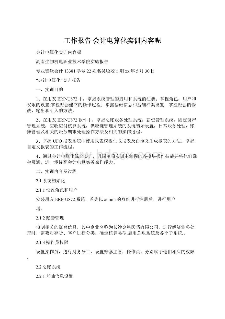 工作报告 会计电算化实训内容呢文档格式.docx