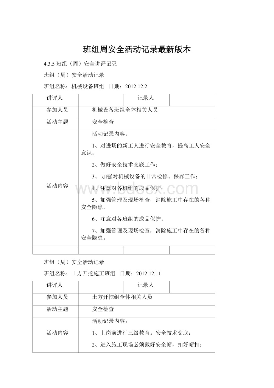 班组周安全活动记录最新版本.docx