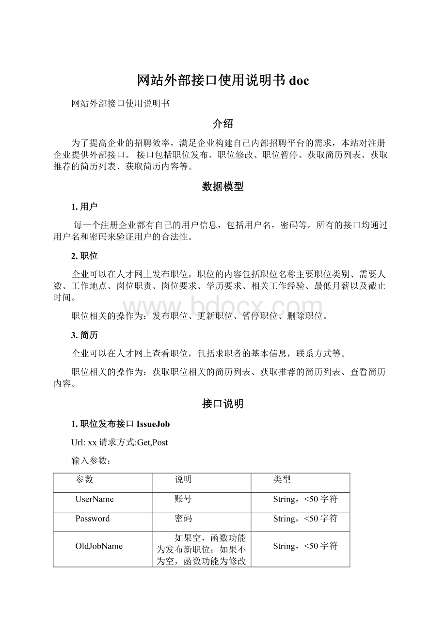 网站外部接口使用说明书 docWord下载.docx_第1页