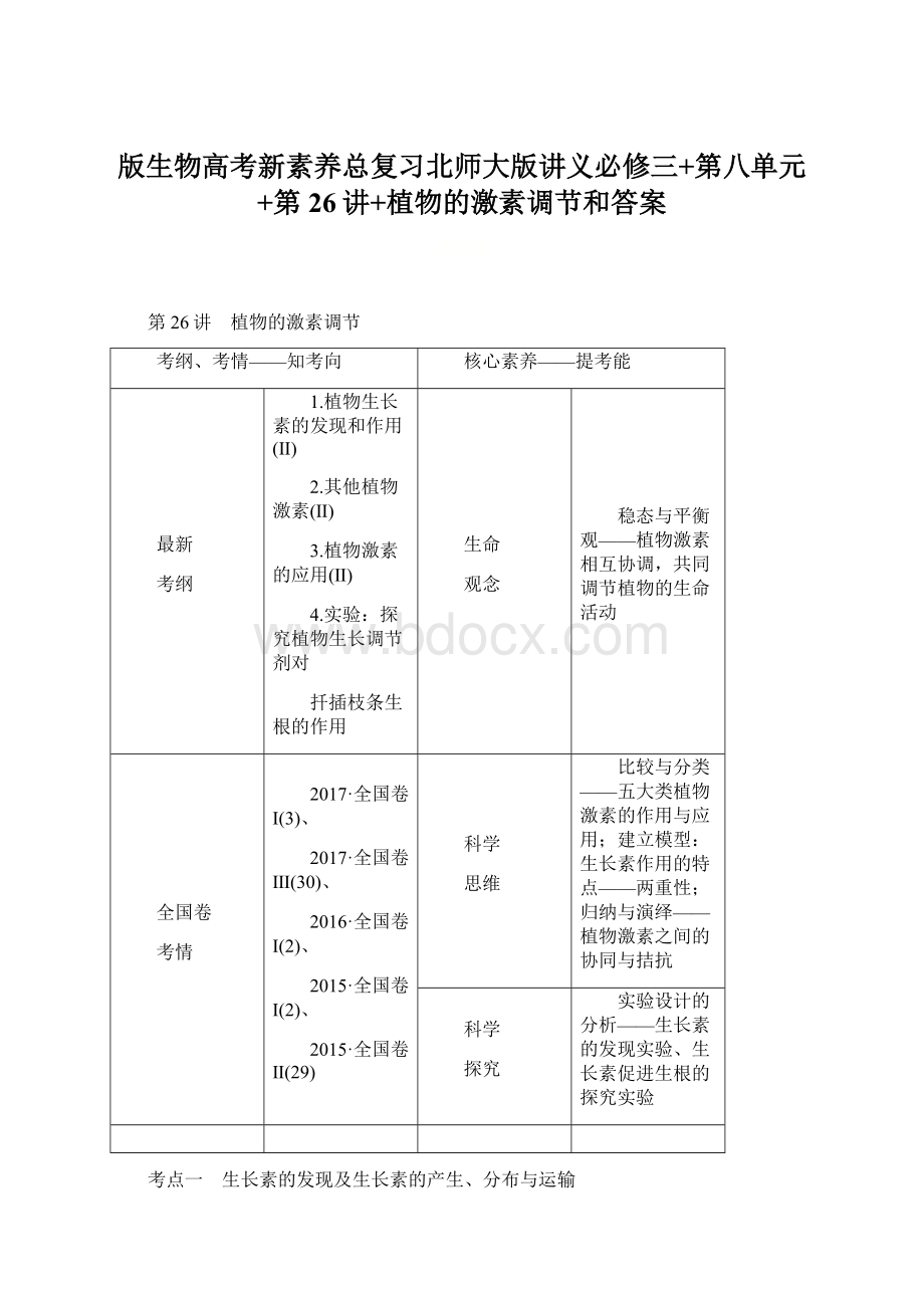 版生物高考新素养总复习北师大版讲义必修三+第八单元+第26讲+植物的激素调节和答案Word文档下载推荐.docx_第1页