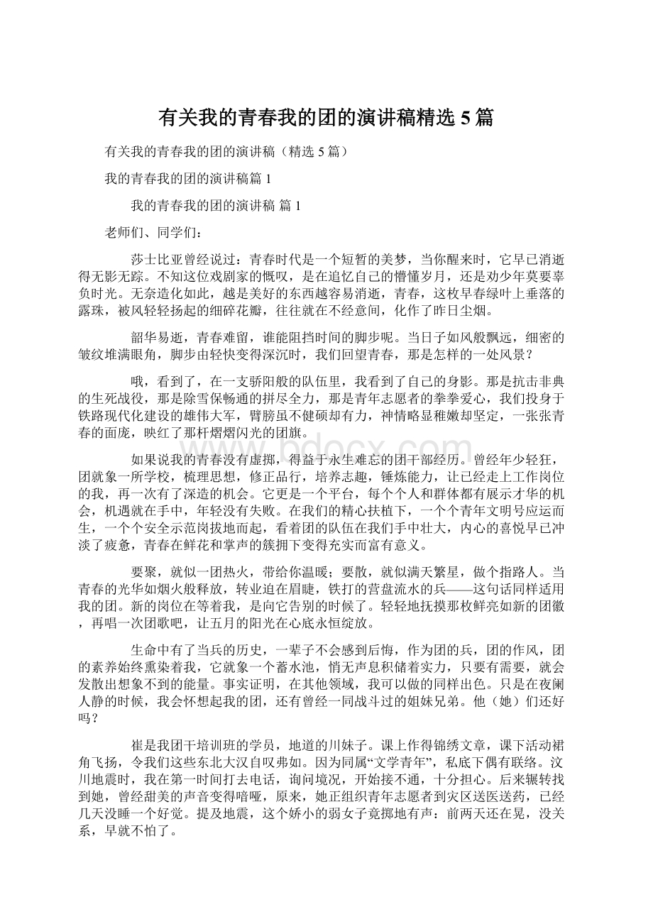 有关我的青春我的团的演讲稿精选5篇Word文档下载推荐.docx