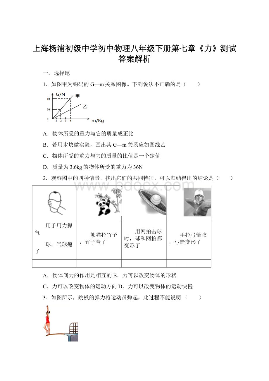 上海杨浦初级中学初中物理八年级下册第七章《力》测试答案解析.docx_第1页