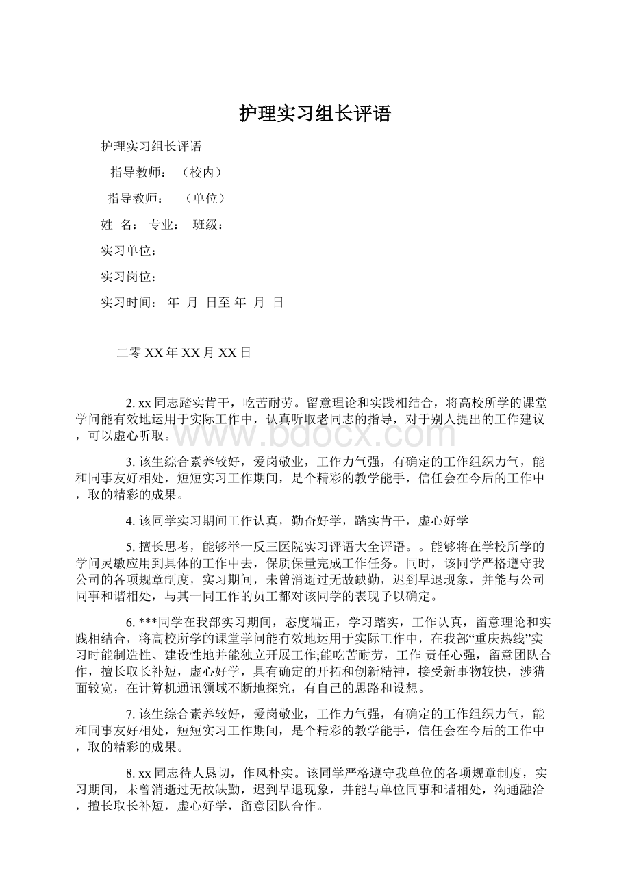 护理实习组长评语文档格式.docx