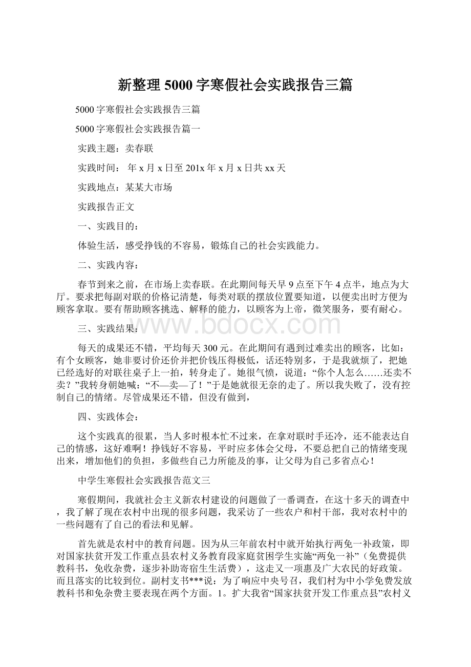 新整理5000字寒假社会实践报告三篇文档格式.docx_第1页