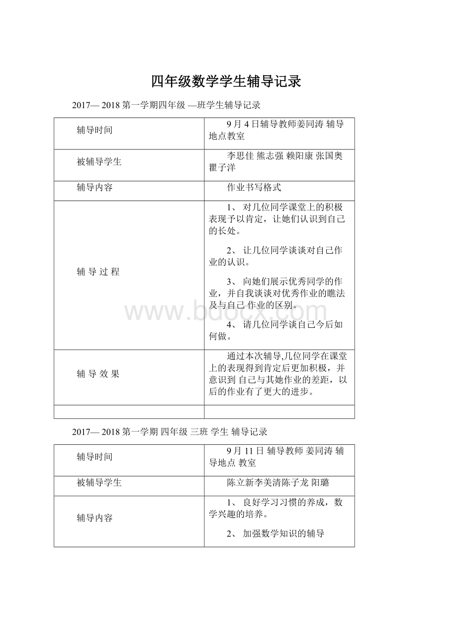 四年级数学学生辅导记录.docx_第1页