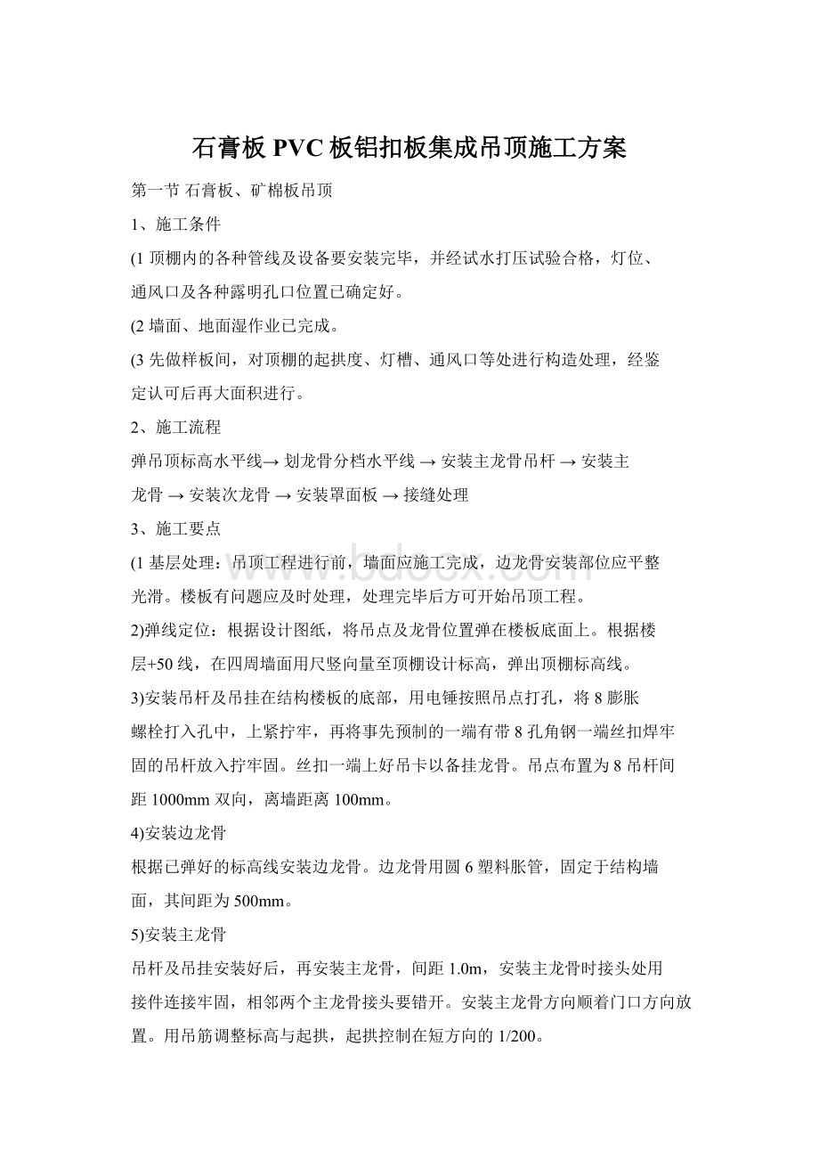 石膏板PVC板铝扣板集成吊顶施工方案Word文档下载推荐.docx_第1页