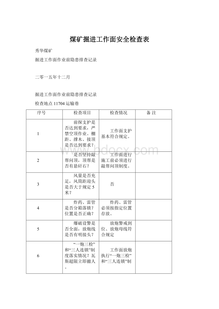 煤矿掘进工作面安全检查表.docx_第1页