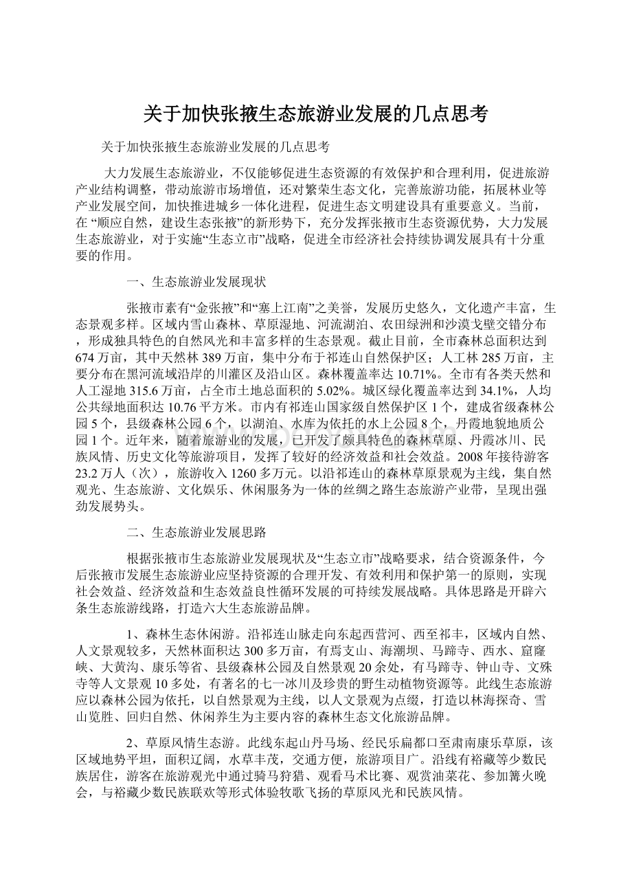 关于加快张掖生态旅游业发展的几点思考Word文件下载.docx