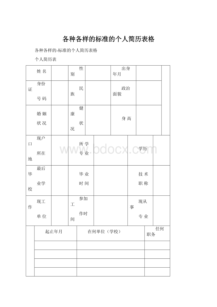 各种各样的标准的个人简历表格Word格式.docx