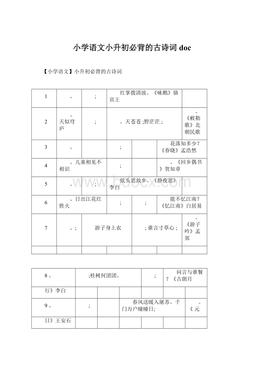 小学语文小升初必背的古诗词docWord下载.docx_第1页