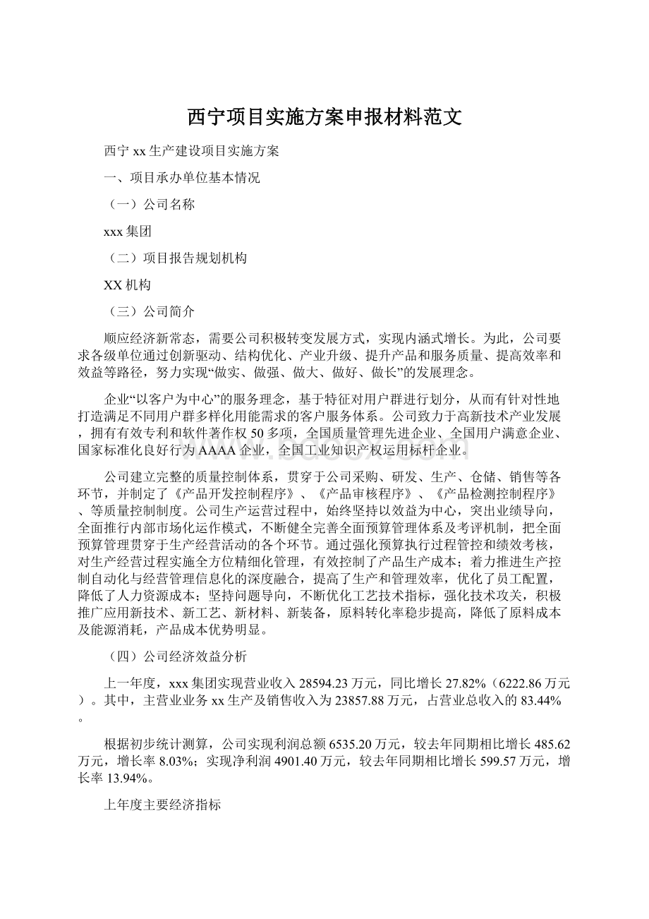 西宁项目实施方案申报材料范文Word格式文档下载.docx