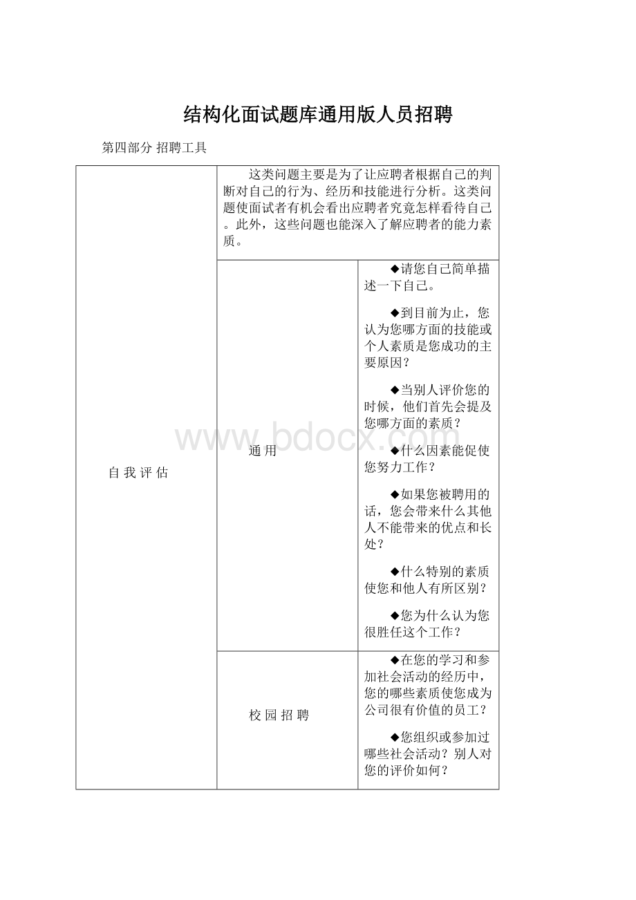 结构化面试题库通用版人员招聘.docx_第1页