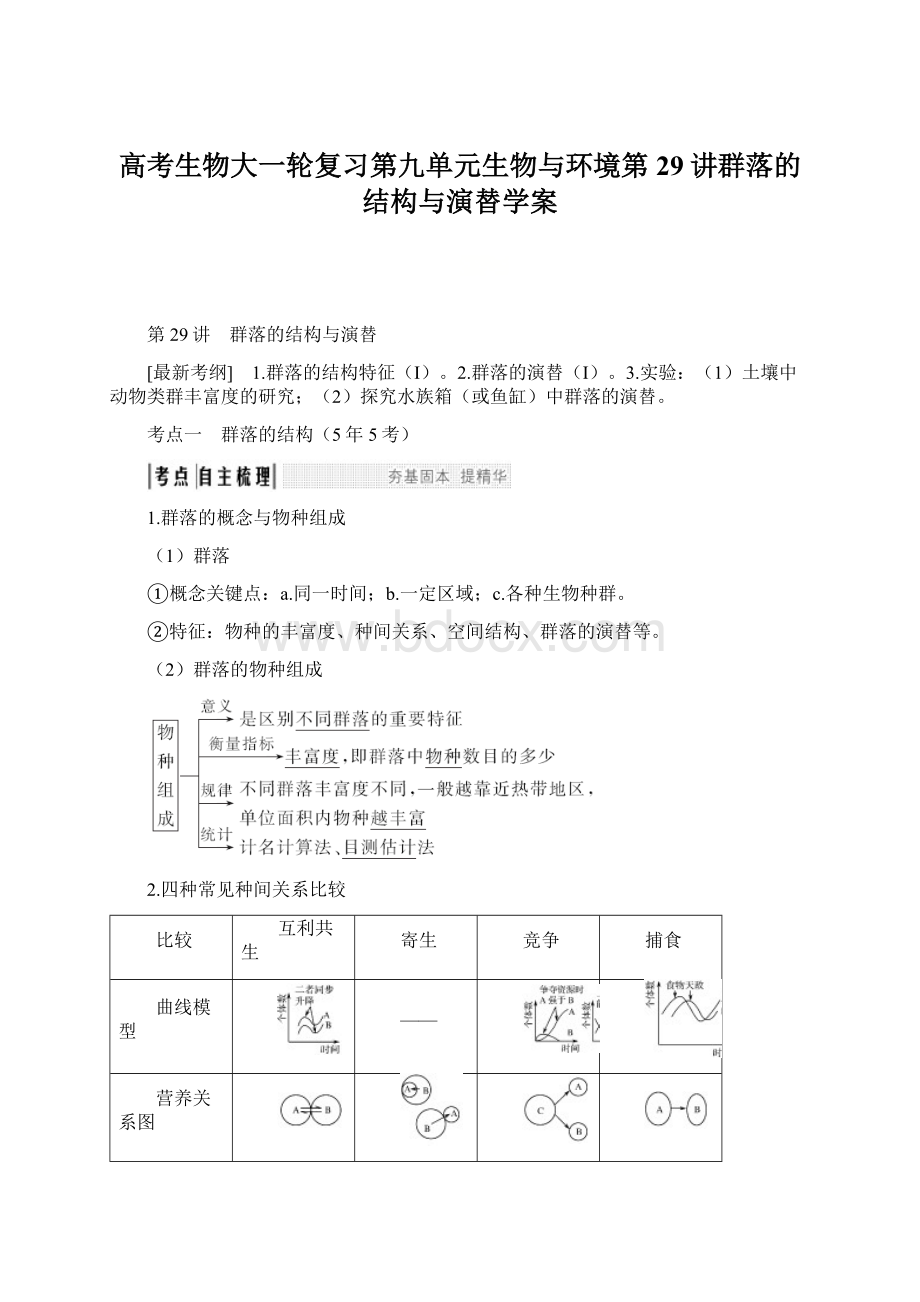 高考生物大一轮复习第九单元生物与环境第29讲群落的结构与演替学案Word文件下载.docx