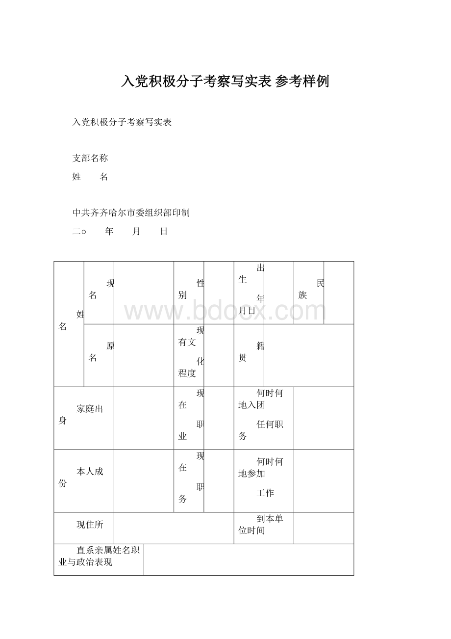 入党积极分子考察写实表 参考样例文档格式.docx