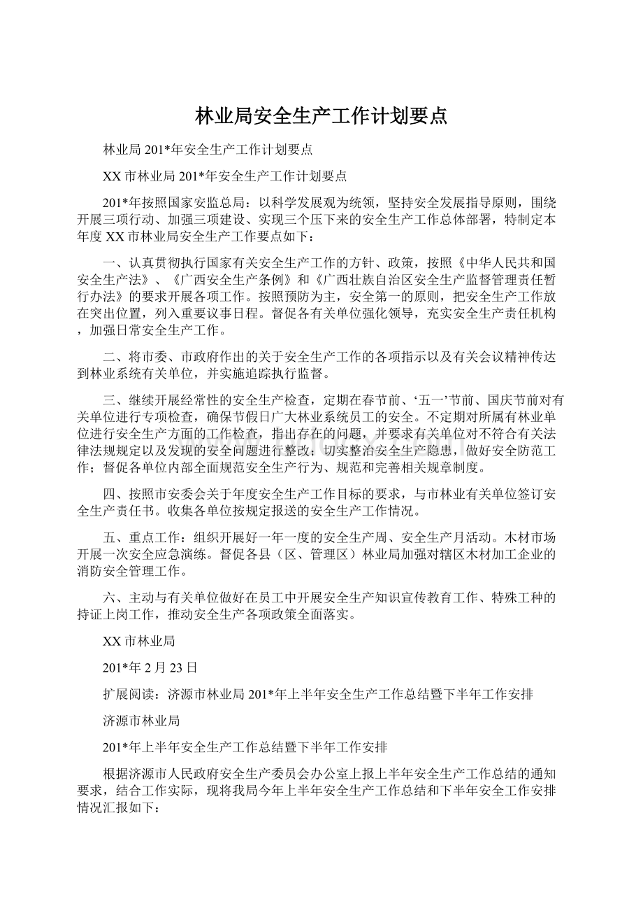 林业局安全生产工作计划要点Word格式文档下载.docx