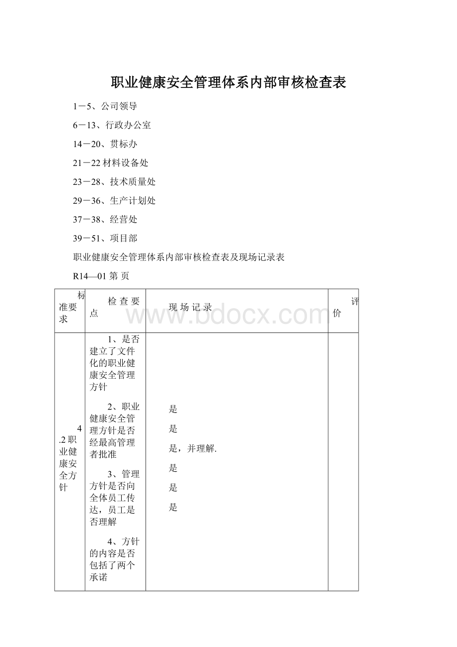 职业健康安全管理体系内部审核检查表.docx