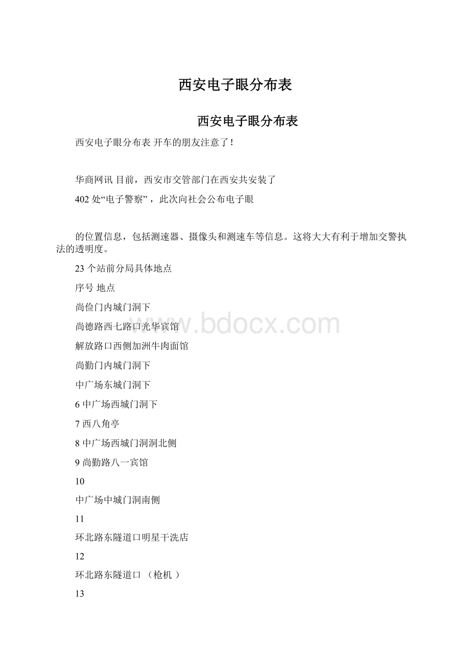 西安电子眼分布表Word格式文档下载.docx_第1页