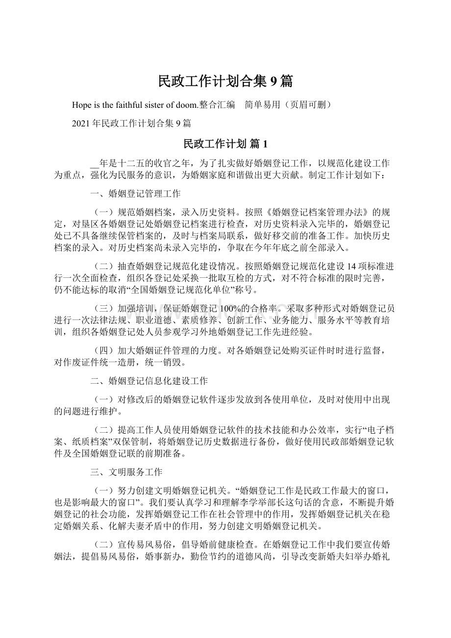 民政工作计划合集9篇Word格式文档下载.docx_第1页