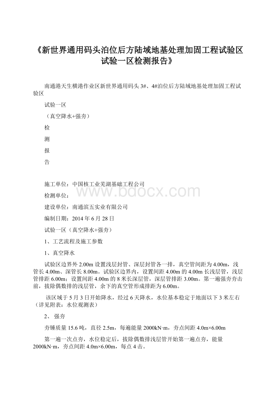 《新世界通用码头泊位后方陆域地基处理加固工程试验区试验一区检测报告》.docx_第1页