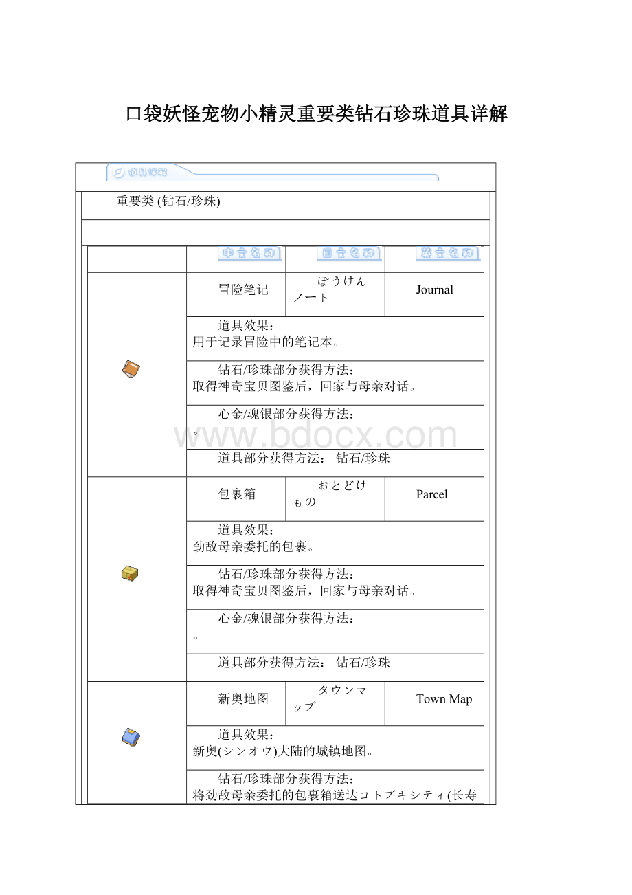 口袋妖怪宠物小精灵重要类钻石珍珠道具详解.docx_第1页