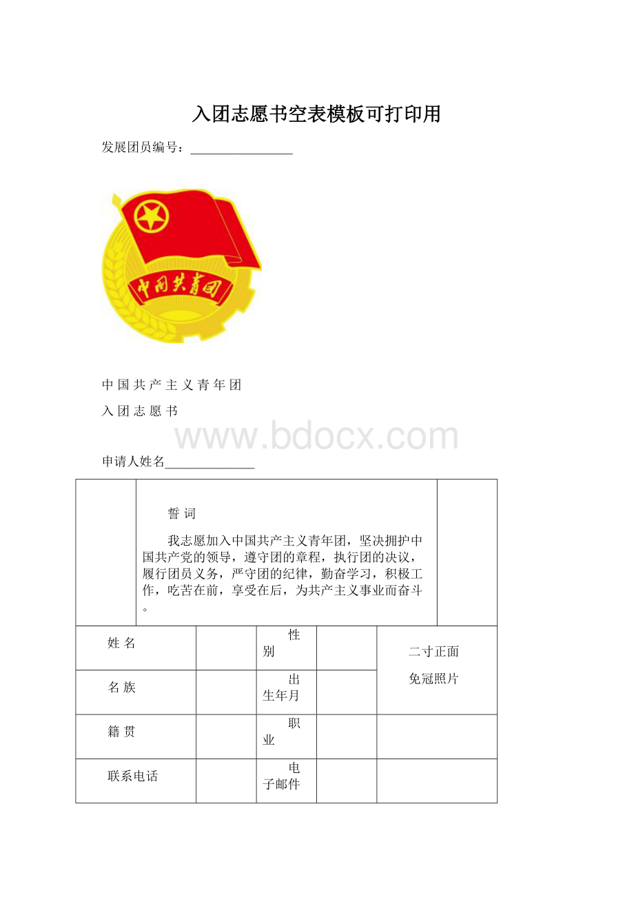 入团志愿书空表模板可打印用Word文档下载推荐.docx_第1页