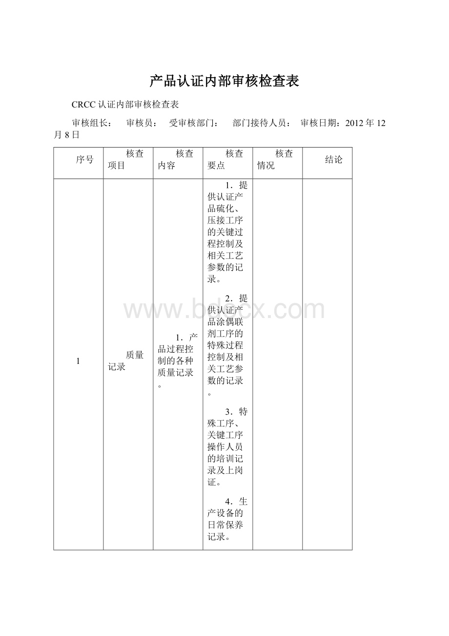 产品认证内部审核检查表Word文件下载.docx_第1页