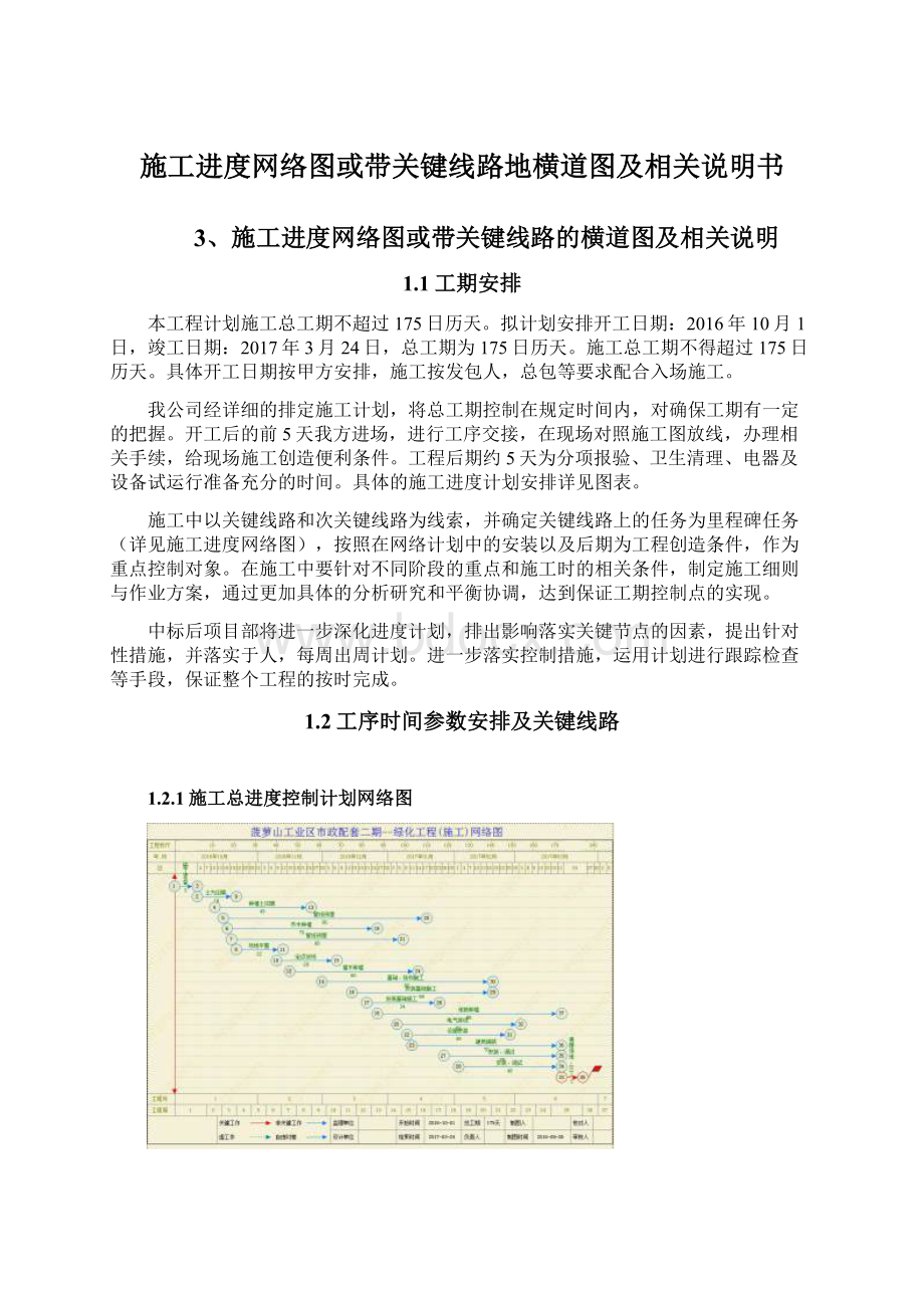 施工进度网络图或带关键线路地横道图及相关说明书Word文档格式.docx_第1页