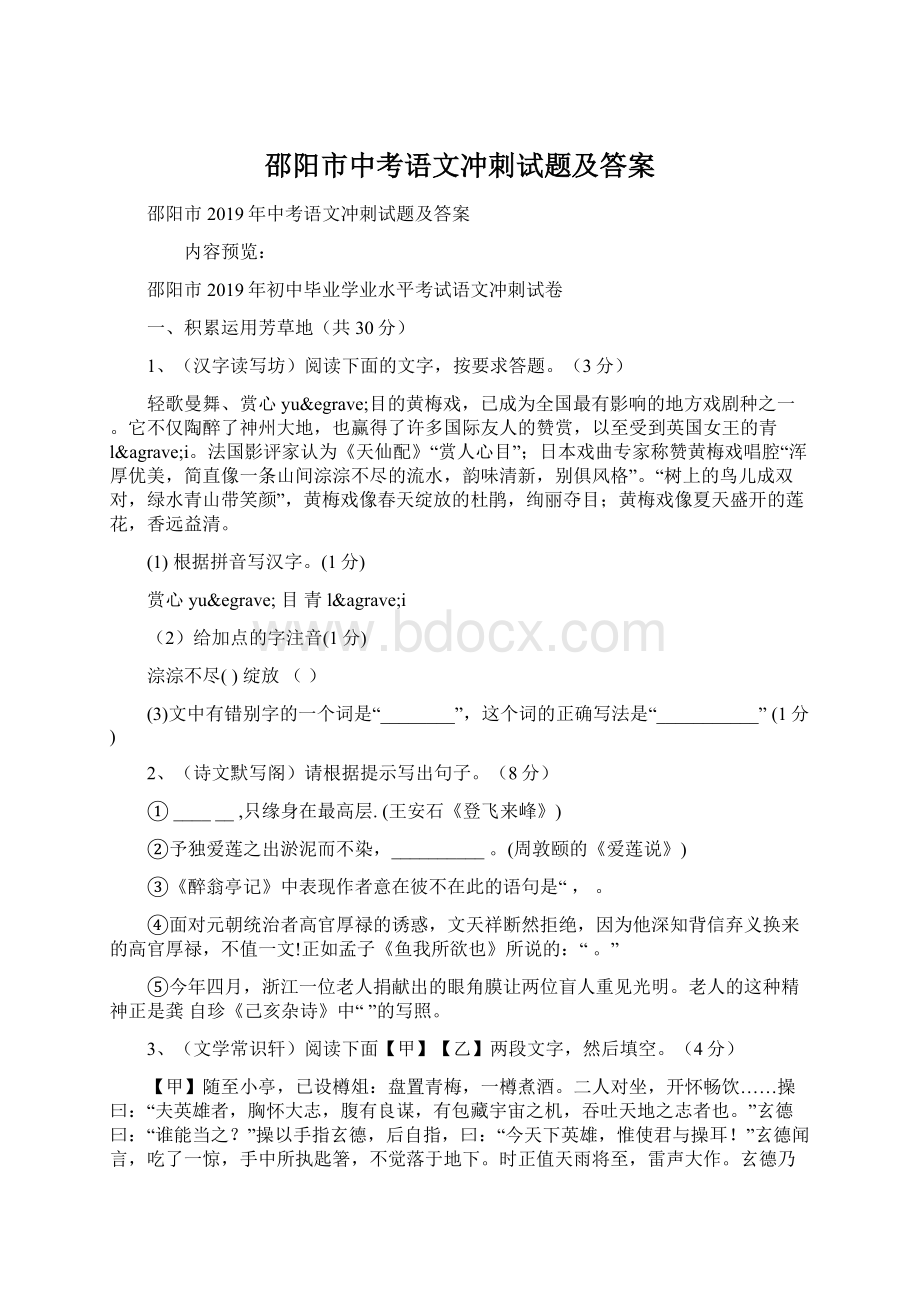 邵阳市中考语文冲刺试题及答案.docx