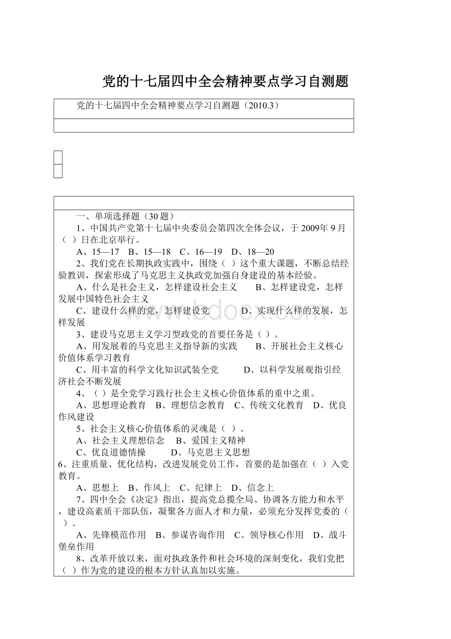 党的十七届四中全会精神要点学习自测题文档格式.docx_第1页