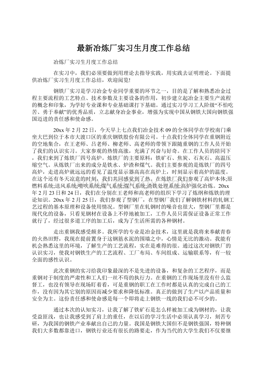 最新冶炼厂实习生月度工作总结Word文档下载推荐.docx