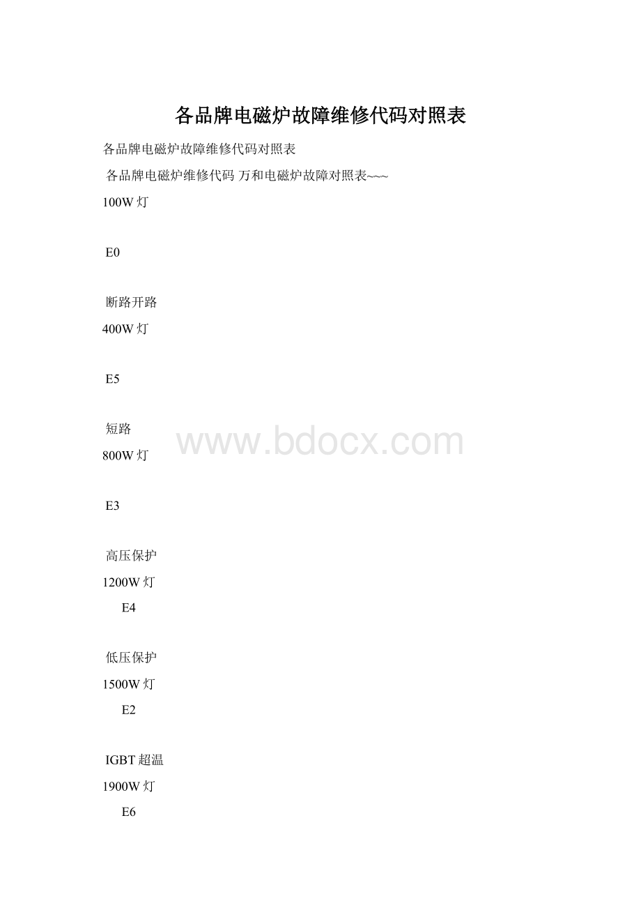 各品牌电磁炉故障维修代码对照表.docx