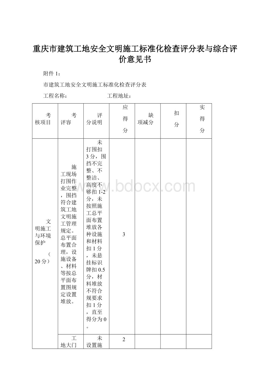 重庆市建筑工地安全文明施工标准化检查评分表与综合评价意见书.docx