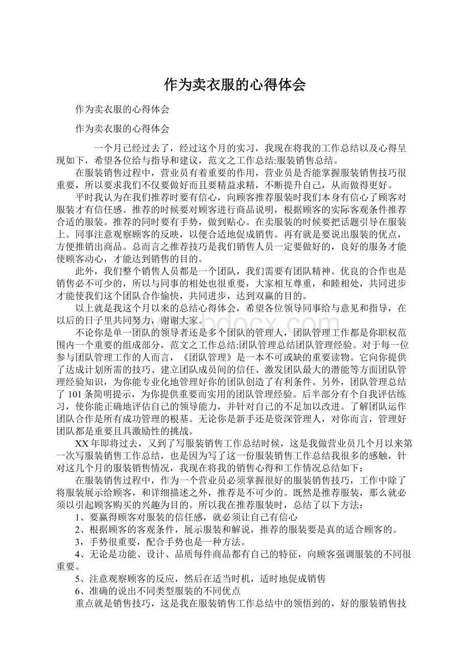 作为卖衣服的心得体会文档格式.docx