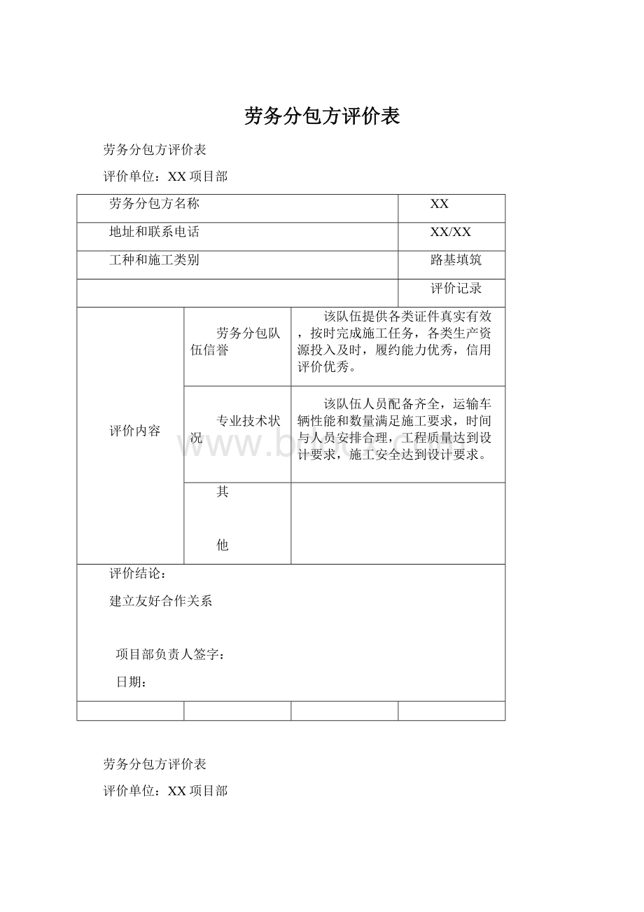 劳务分包方评价表文档格式.docx