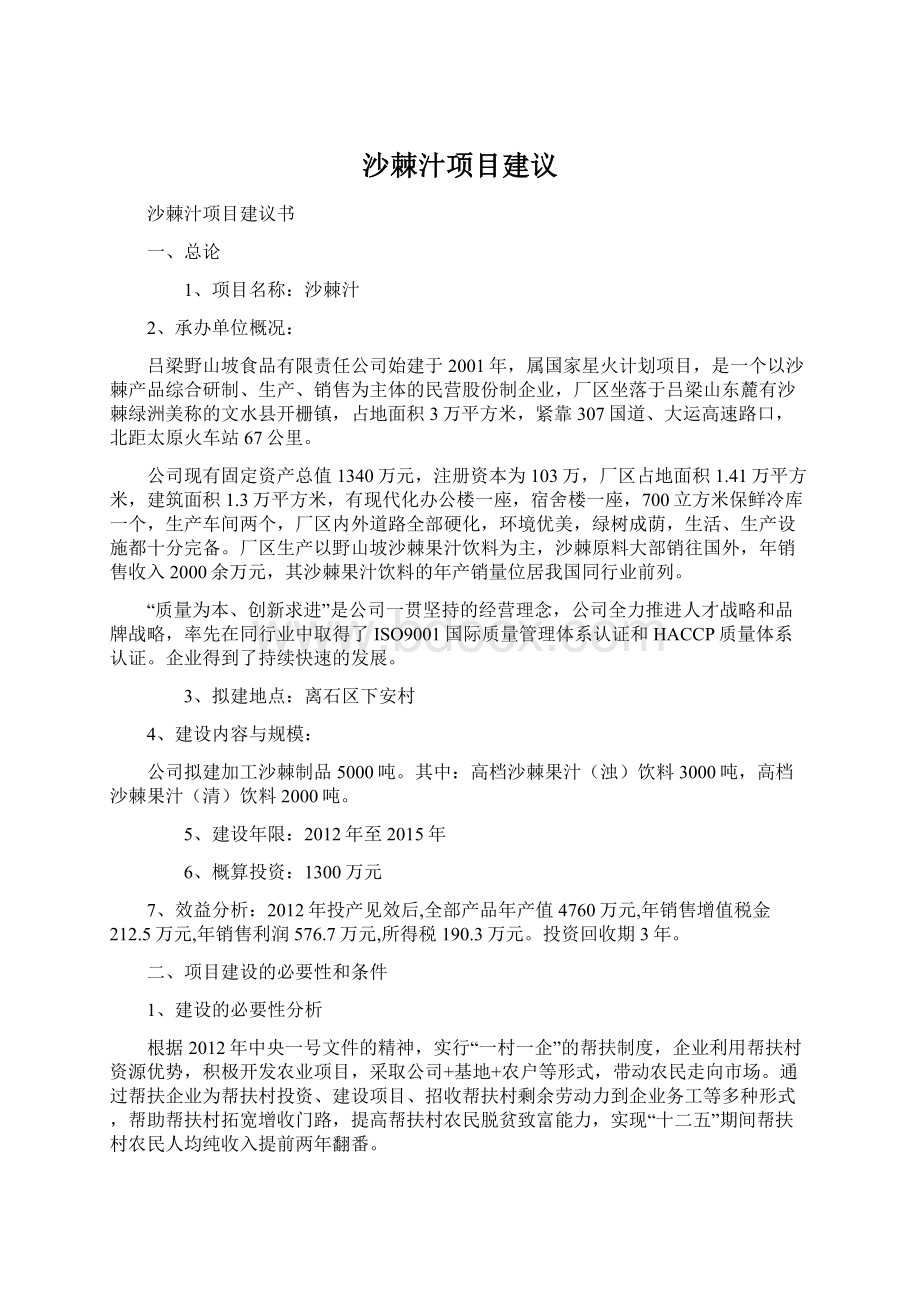 沙棘汁项目建议Word文档下载推荐.docx