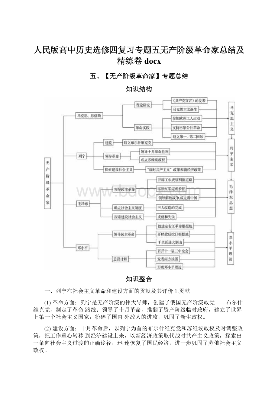 人民版高中历史选修四复习专题五无产阶级革命家总结及精练卷docxWord下载.docx