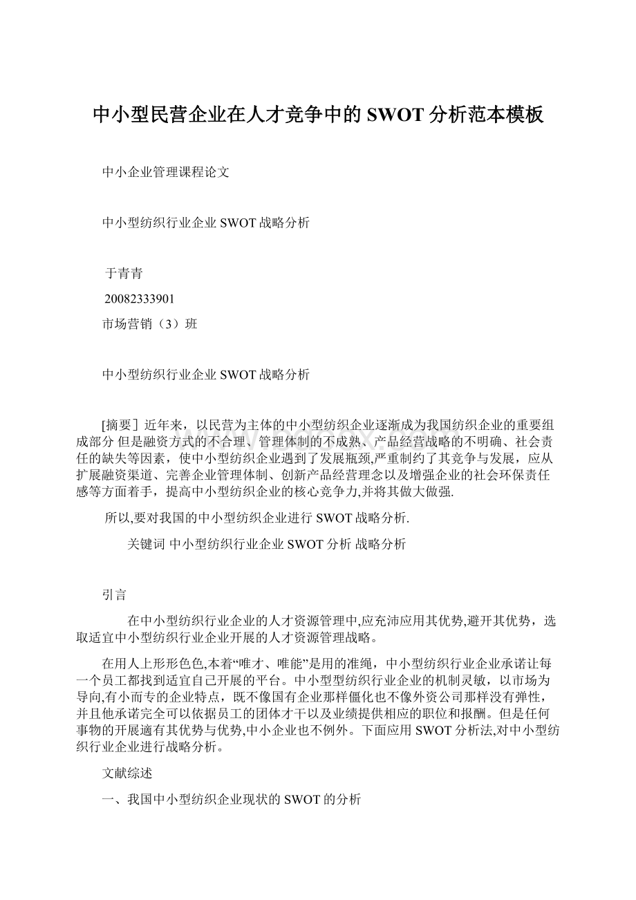 中小型民营企业在人才竞争中的SWOT分析范本模板.docx