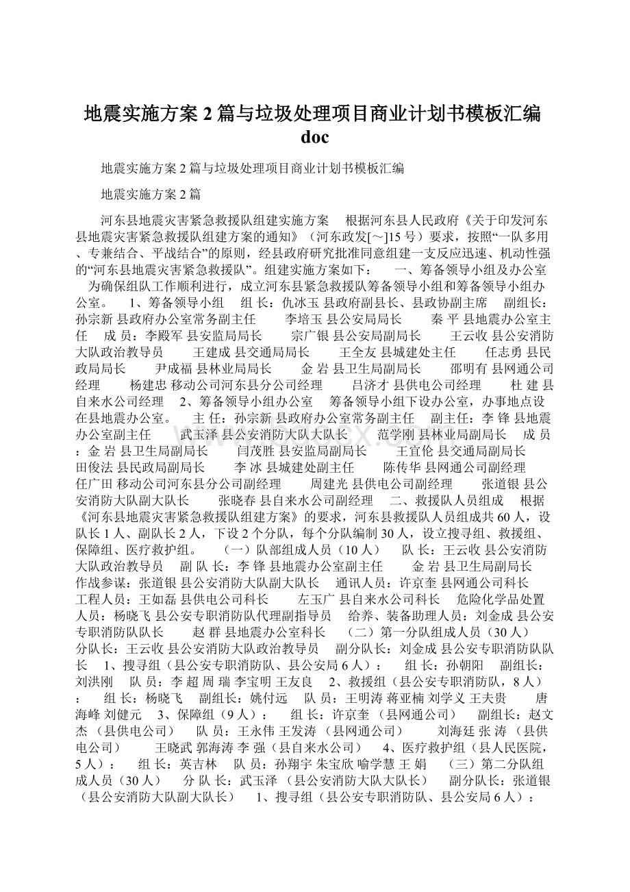 地震实施方案2篇与垃圾处理项目商业计划书模板汇编doc.docx