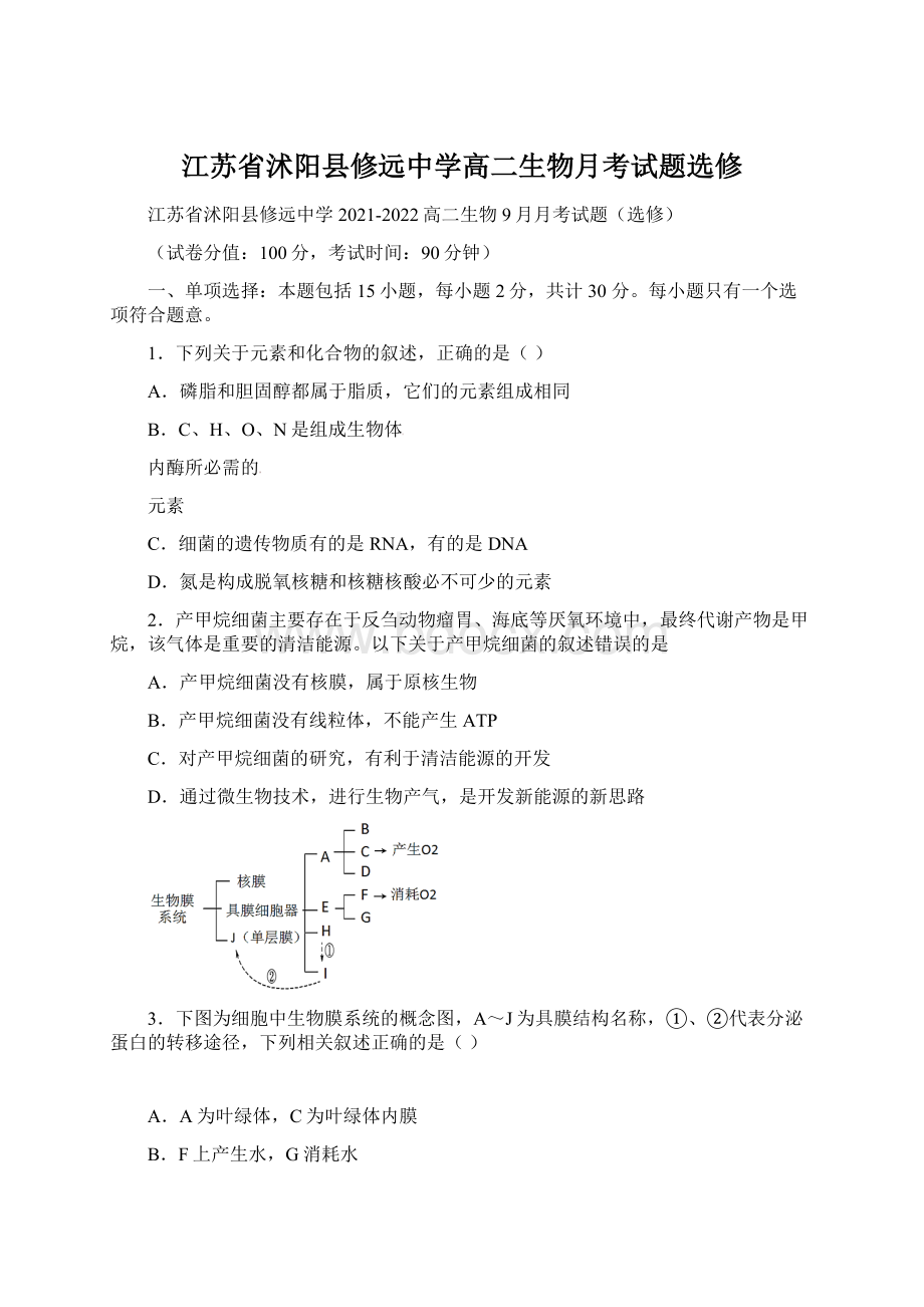 江苏省沭阳县修远中学高二生物月考试题选修Word文件下载.docx_第1页